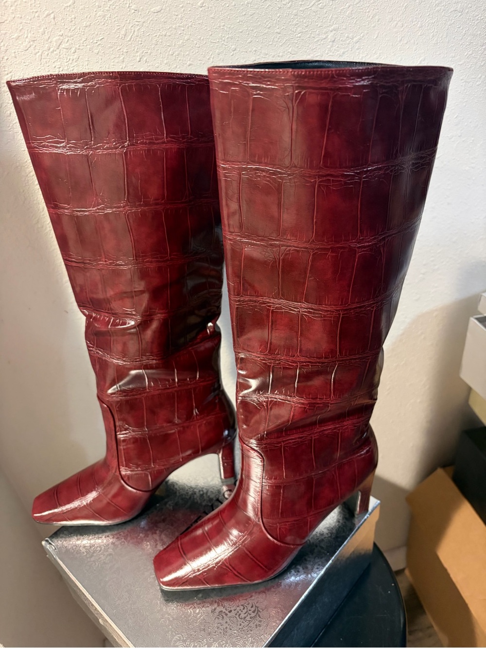 Croc-Embossed Over-the-Knee Boots in Burgundy